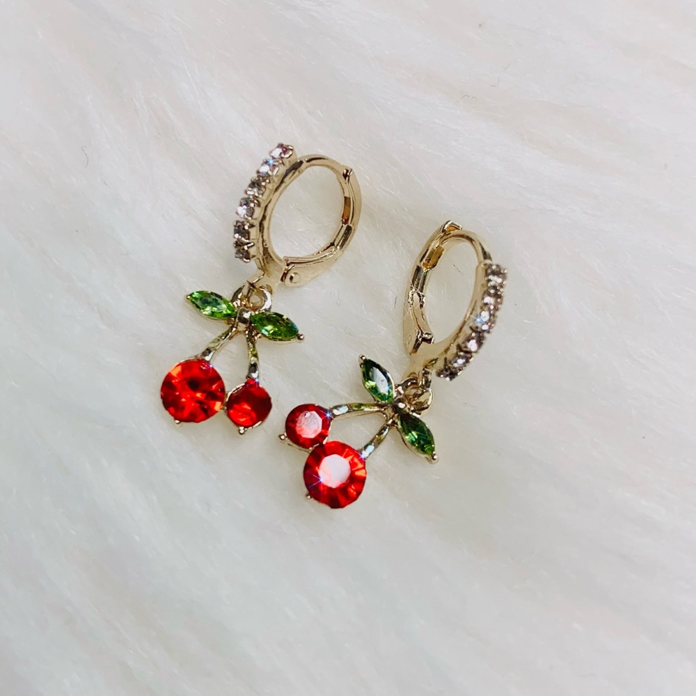 Cherry Huggie Earrings Gold Tone Hoop Glass Rhinestones Red New